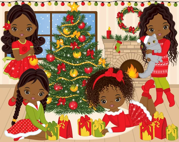 Ensemble vectoriel de Noël et Nouvel An avec de mignonnes petites filles afro-américaines et des éléments d'hiver — Image vectorielle