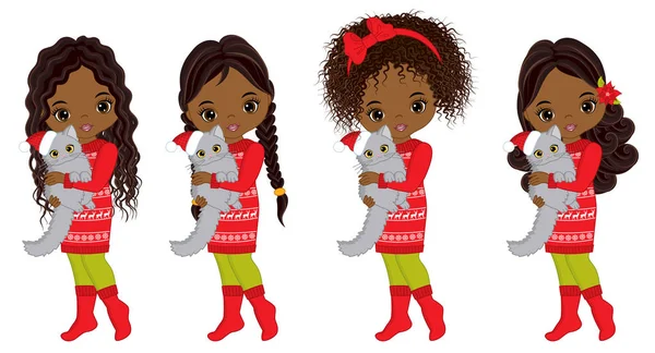 Vector Cute Little African American Girls with Cats — Stock Vector