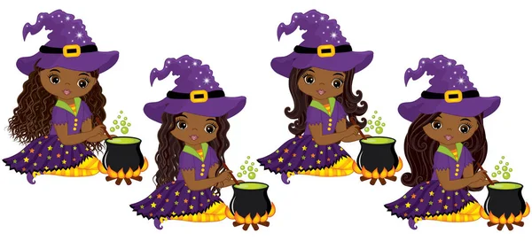 Vector Cute Little African American Witches Cooking Magic Potion in Cauldrons Stock Vector