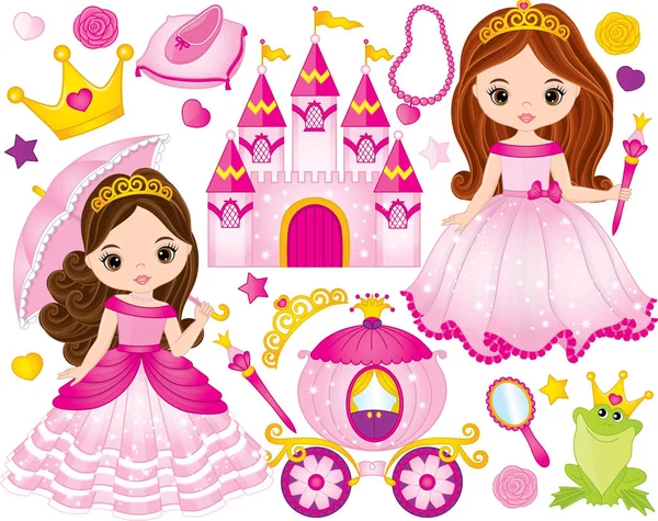 Vector Set of Beautiful Princesses and Fairytale Elements — Stock Vector