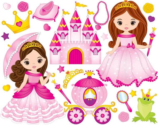 Vector conjunto de hermosas princesas y elementos de cuento de hadas — Archivo Imágenes Vectoriales