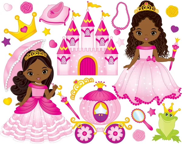 Vector conjunto de hermosas princesas afroamericanas y elementos de cuento de hadas — Archivo Imágenes Vectoriales