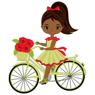 Vektör sevimli küçük Afrikalı-Amerikalı kız bisiklet sürme