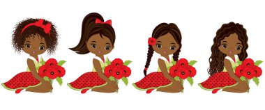 Vektör sevimli küçük Afrikalı-Amerikalı kız ile haşhaş buketleri