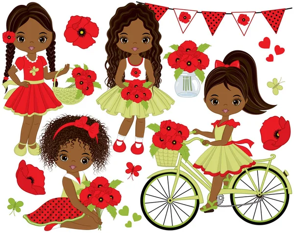 Vector Set with Cute Little African American Girls, Poppies, Bicycle and Bunting — Stock Vector
