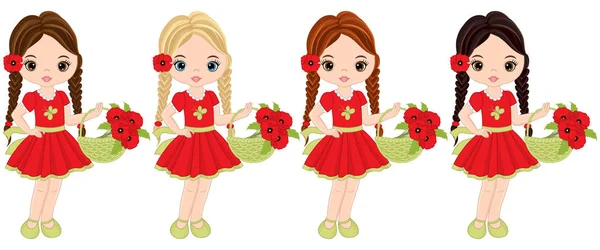 Vector niñas lindas con cestas de flores de amapola — Vector de stock