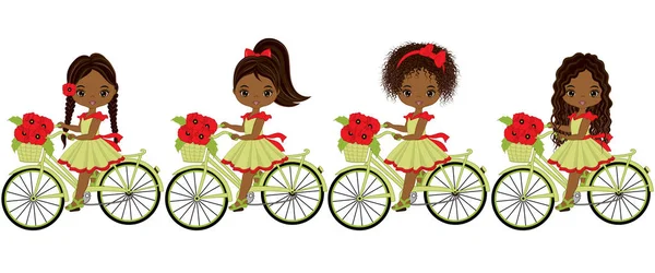 Vector lindo poco africano americano niñas a caballo bicicletas — Vector de stock