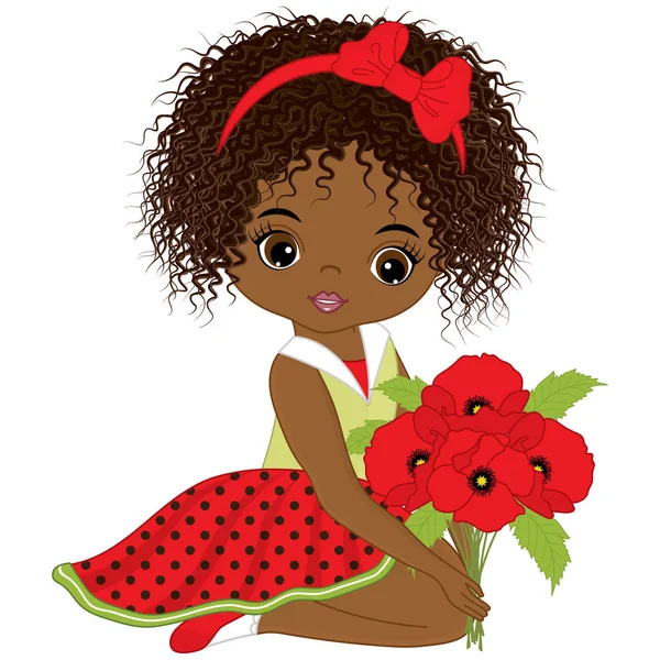 Vector bonito pequena menina afro-americana com Poppy Bouquet — Vetor de Stock