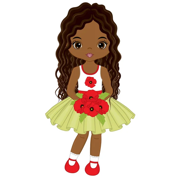 Διάνυσμα χαριτωμένο αφρικανική αμερικανική κοριτσάκι με παπαρούνας μπουκέτο — Διανυσματικό Αρχείο
