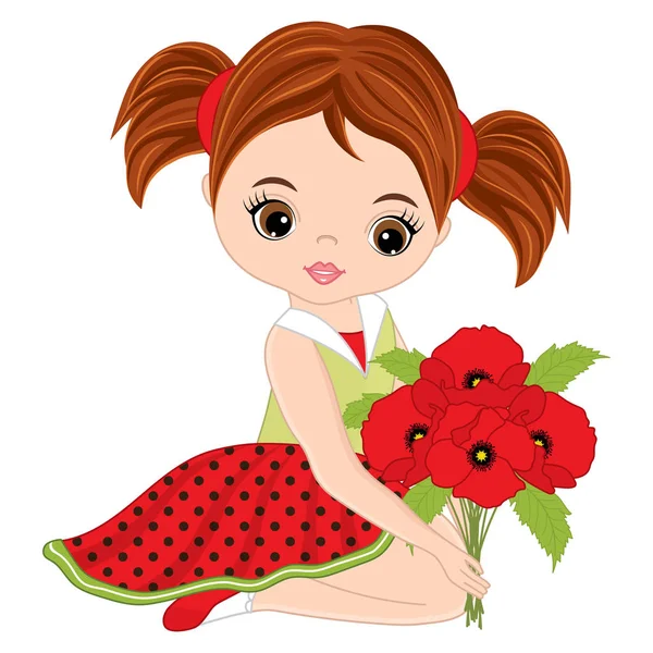 Vector linda niña con ramo de amapola — Vector de stock