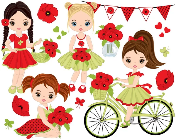 矢量集可爱的小女孩, 罂粟, 自行车和彩旗 — 图库矢量图片