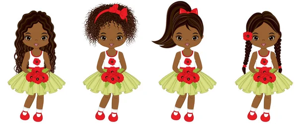 Vector Cute Little chicas afroamericanas con ramos de amapola — Vector de stock