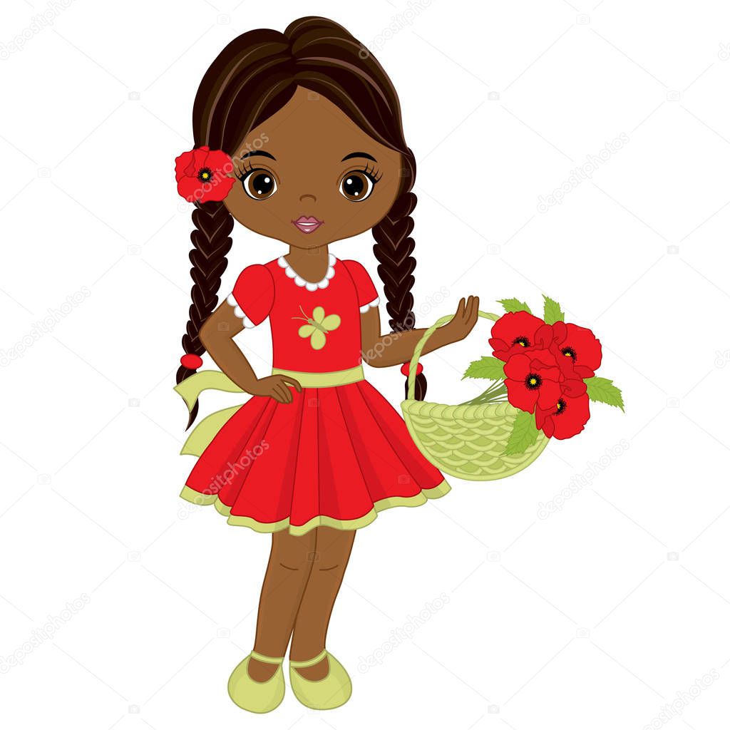 Vector Cute Little African American Girl with Basket of Poppies