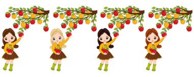 Elmalar ağaçlarından toplama vektör sevimli küçük kız