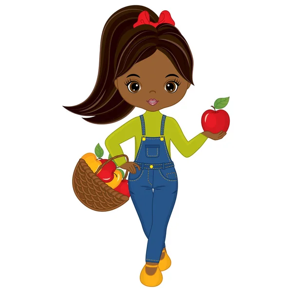 Vector linda niña afroamericana con cesta de manzanas — Vector de stock