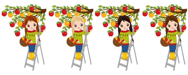 Vector lindo niñas recogiendo manzanas de árbol — Vector de stock