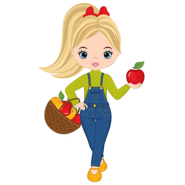 Vector linda niña con cesta de manzanas — Vector de stock