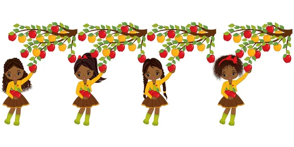 Vector Cute Little African American Girls Picking Apples in Orchard — Stock Vector
