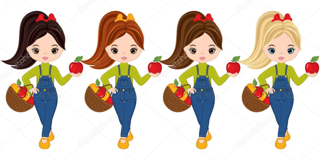 Vector Cute Little Girls with Baskets of Apples
