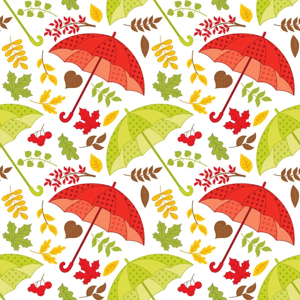 Padrão sem costura vetorial com guarda-chuvas e folhas de outono — Vetor de Stock