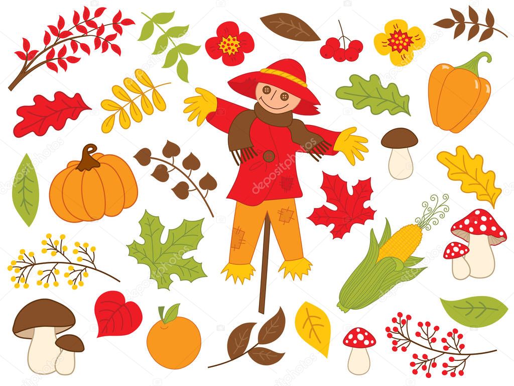 Vector Autumn Set with Leaves, Vegetables and Scarecrow