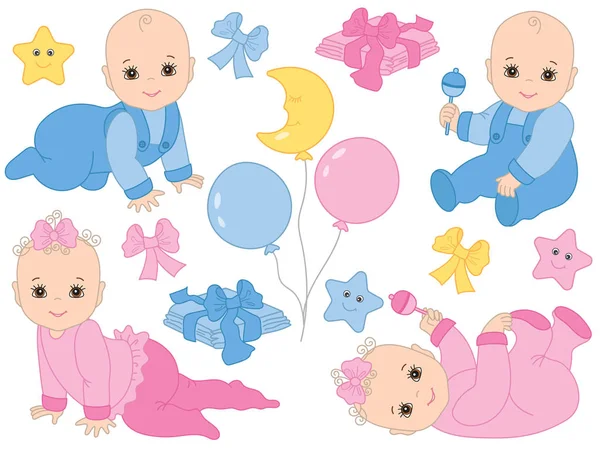 Conjunto vectorial de bebé lindo y bebé niña. Ducha del bebé del vector — Archivo Imágenes Vectoriales
