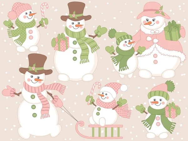Vector Kerstmis en Nieuwjaar Set met Cute Cartoon sneeuwpoppen — Stockvector