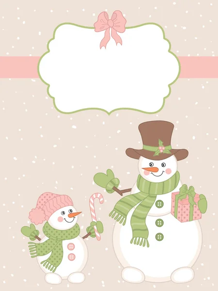 Vector Christmas and New Year Card Template with Cute Snowmen and Winter Elements — Stock Vector