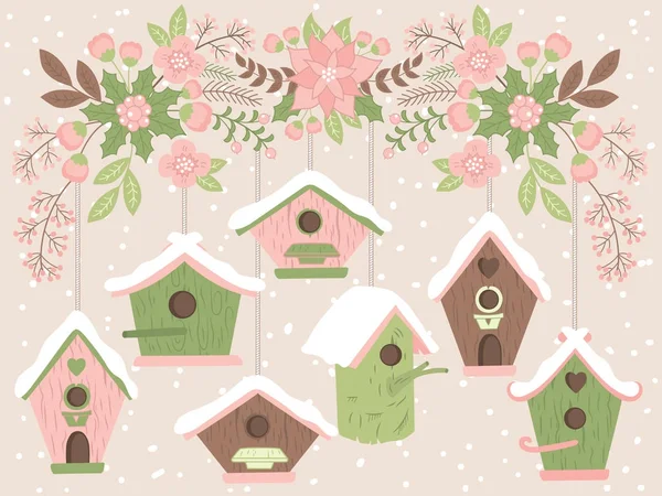 Vector Birdhouses hängande från blommig jul gren — Stock vektor