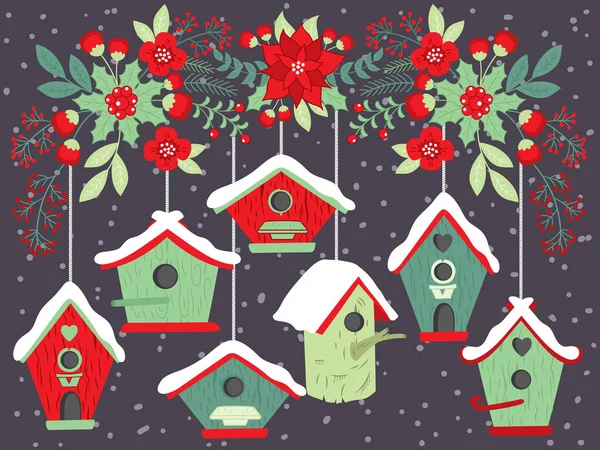 Vector Birdhouses Pendurado de Floral ramo de Natal — Vetor de Stock