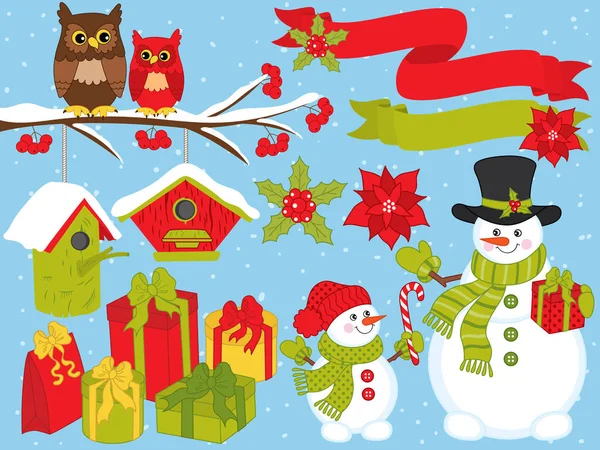 Vector Kerstmis en Nieuwjaar Set met sneeuwpoppen, uilen en feestelijke Winter elementen — Stockvector