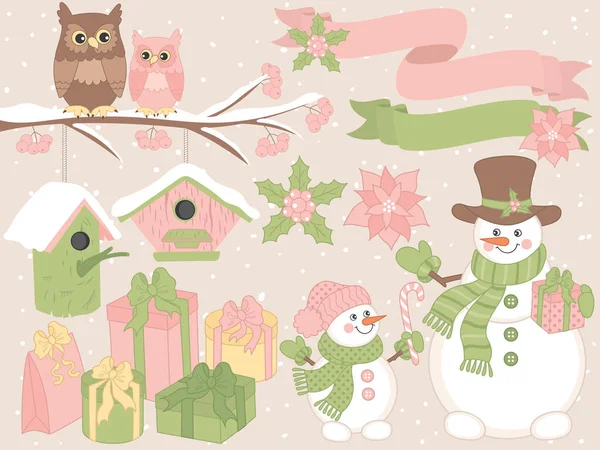 Vector Kerstmis en Nieuwjaar Set met sneeuwpoppen, uilen en feestelijke Winter elementen — Stockvector