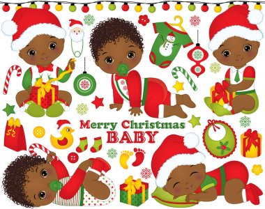 Şirin Afrikalı-Amerikalı bebek çocuklar Noel giysileri ve Xmas öğeleri kümesiyle vektör