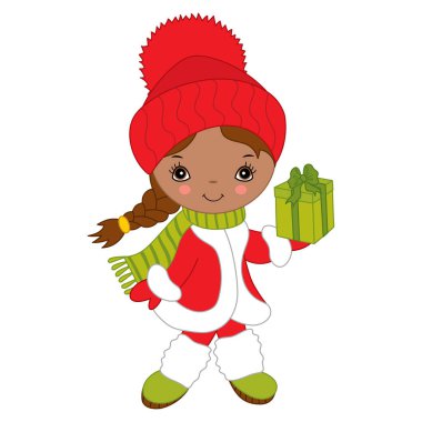 Vektör şirin küçük Afrikalı-Amerikalı kız Noel hediye ile kutu
