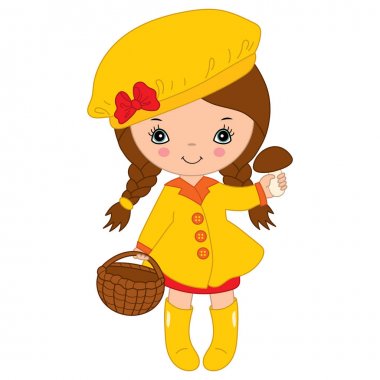 Vektör şirin Litle mantar ve sepet ile küçük kız