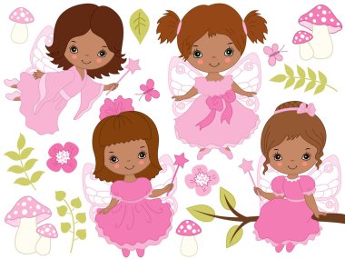 Vektör, şirin küçük Afrikalı-Amerikalı periler ayarla 