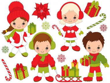 Vektör Noel ve yeni yıl küçük çocuklar ve kış öğeleri ayarla