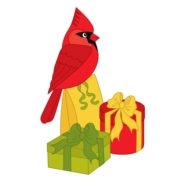 Vector Cardinal Sitting on the Gift Boxes — Stock Vector