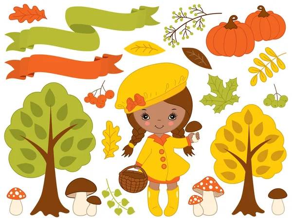 Vector Set with Cute Little African American Girl and Autumn Elements — Stock Vector