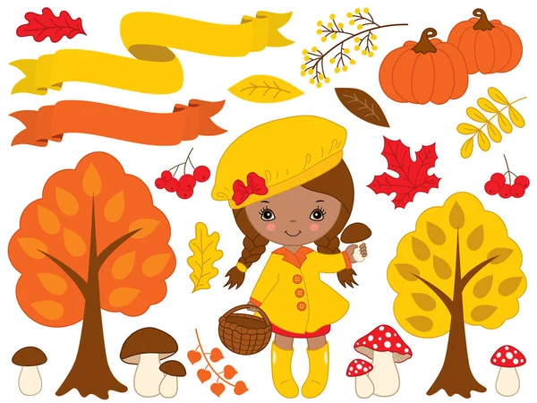 Vector Set with Cute Little African American Girl and Autumn Elements — Stock Vector