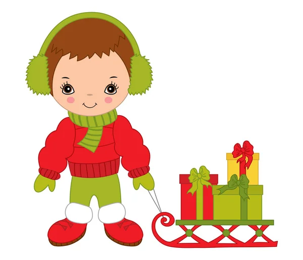 Vector Cute Little Boy with Sledge and Christmas Gift Boxes — Stock Vector