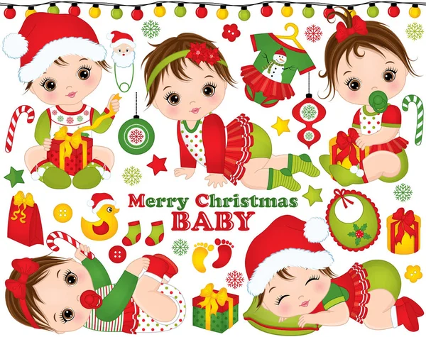 Vektor Weihnachten und Neujahr Set mit niedlichen kleinen Mädchen und festlichen Accessoires und Spielzeug — Stockvektor