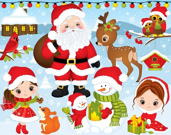Natal vetorial e Ano Novo com Papai Noel, Meninas, Veados, Corujas e Elementos de Inverno —  Vetores de Stock