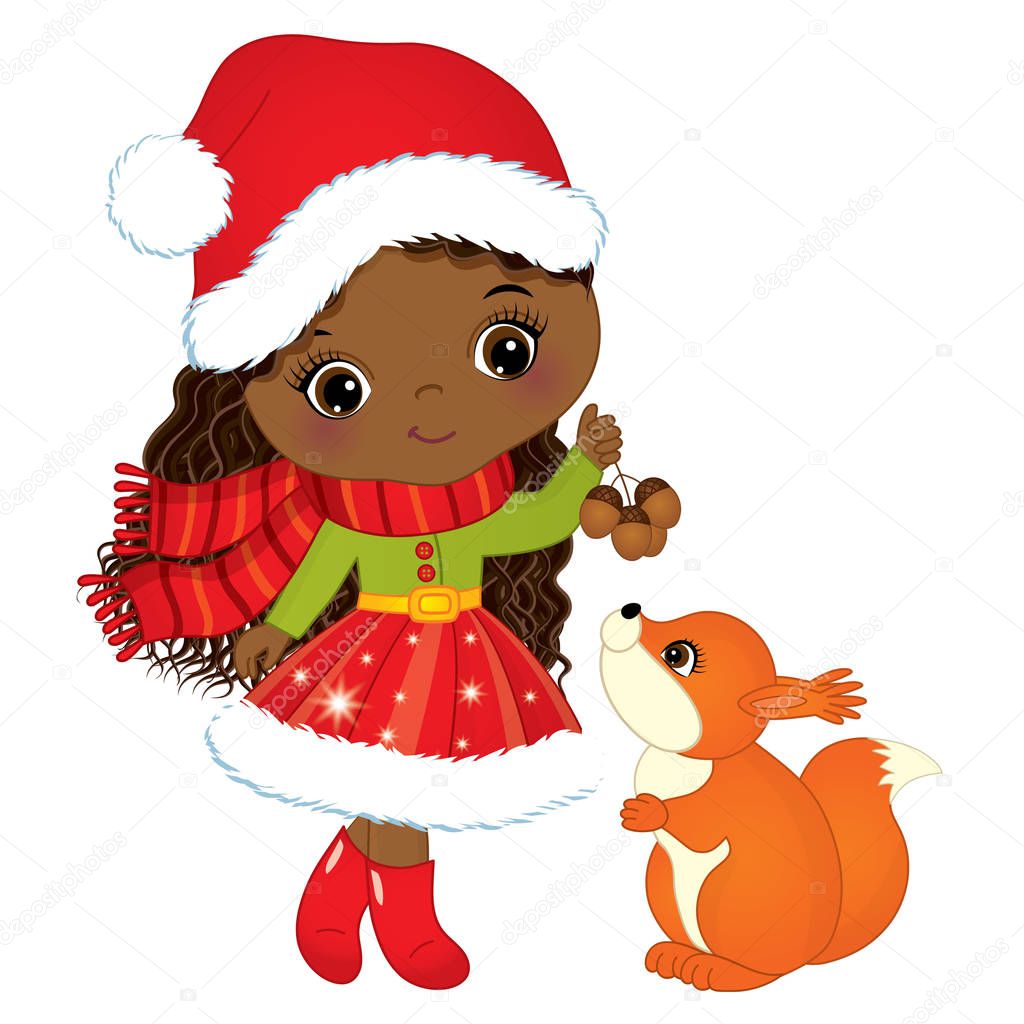 Vector Cute Little African American Girl with Squirrel