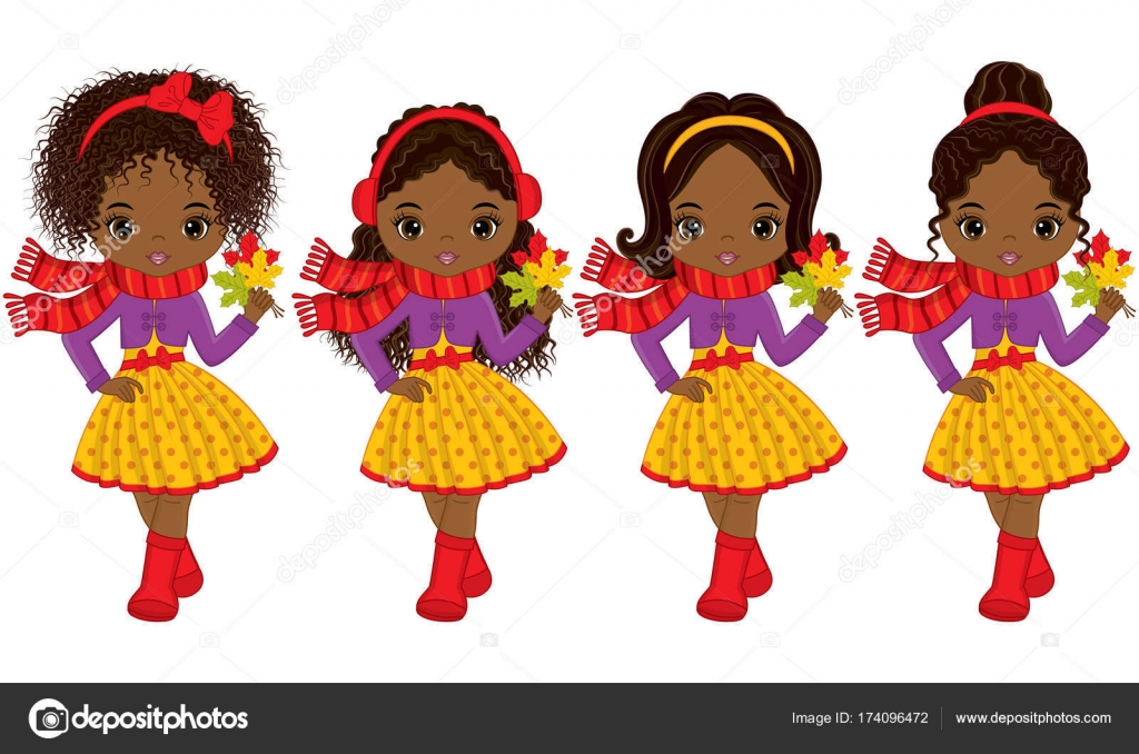 Vector Cute Little African American Girls with Autumn Leaves Stock
