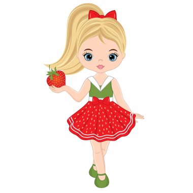 Vektör sevimli küçük kız çilek ile