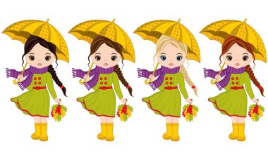 Vektör sevimli küçük kız şemsiye ve sonbahar yaprakları ile