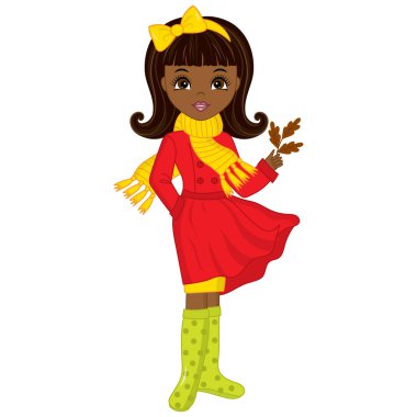 Sonbahar meşe ile genç Afro-Amerikan Kız güzel vektör yaprak