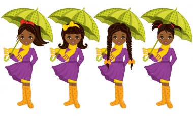 Vektör şemsiyelerle güzel genç Afro-Amerikan kızlar