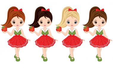 Vektör sevimli küçük kız çilek ile